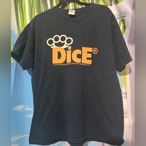 This is a black cotton T-shirt with the orange and white logo for DicE Magazine.